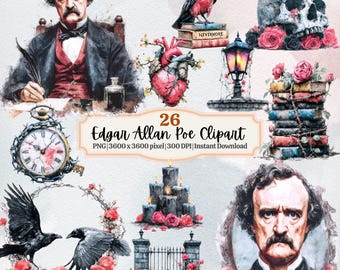 Edgar Allan Poe Clipart Bundle | Gothic Raven & Dark Academia PNG | Nevermore Skull Cat Macabre Art | Halloween Gothic Clipart