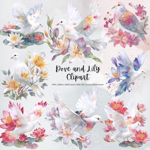 Dove and Lily Clipart | Peace Dove Clip Art | White Dove Watercolor Clip Art | Religious Bird PNG | Spiritual Elements for Printing