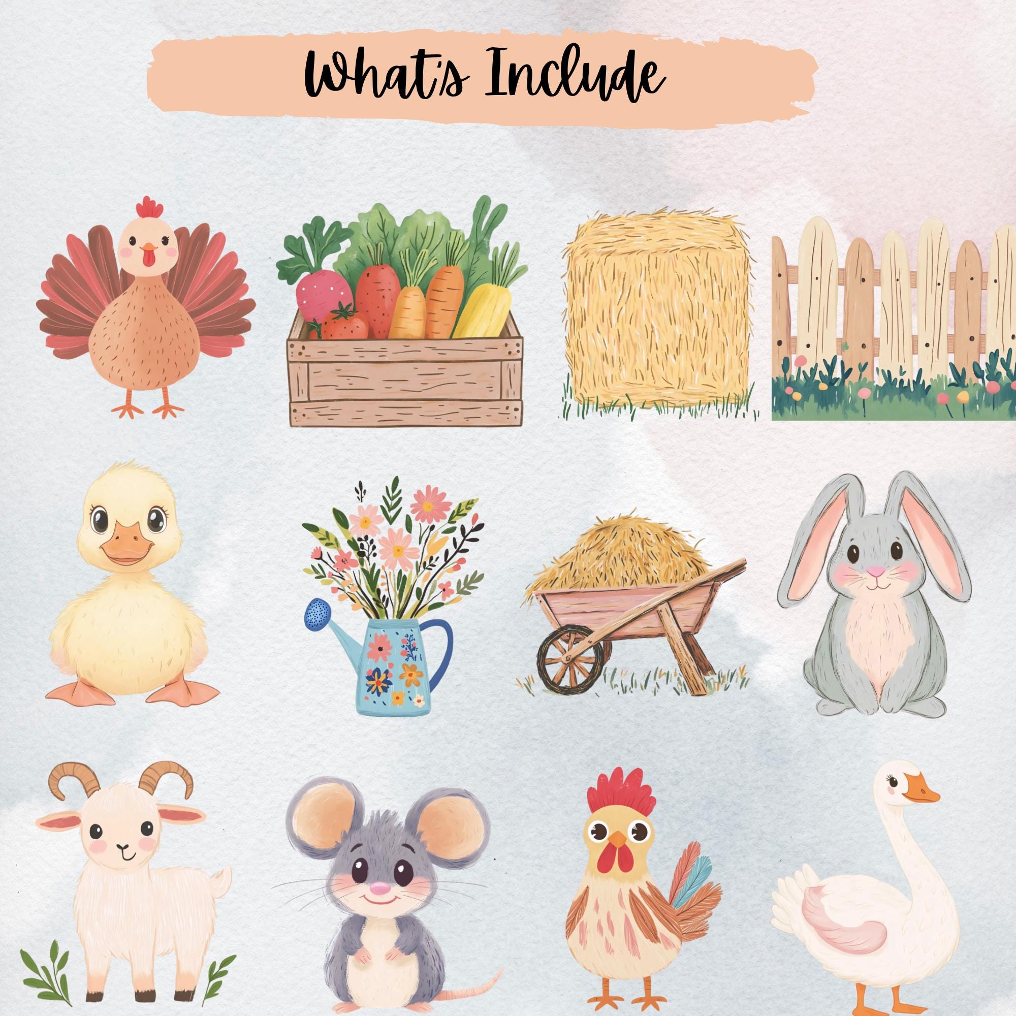 Farm Life Clipart Bundle | Cute Watercolor Farm Animals, Kids & Garden ...