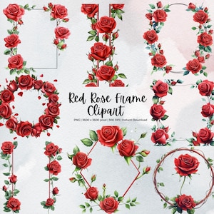 May include: A collection of red rose frame clipart designs. The image features various floral arrangements, including rectangular, oval, and circular frames, as well as vertical and horizontal rose borders. The text "Red Rose Frame Clipart" is also included.