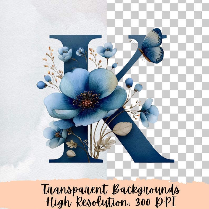 Blue Floral Alphabet Clipart A–Z | Elegant Flower Monogram Letters PNG ...