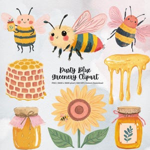 Educatieve set met clipart-afbeeldingen bezige bij | Schattige aquarelbij, png-bestand | Honing, bloemen en bijenkorfelementen | Boek met bijenthema voor druk | Digitale download