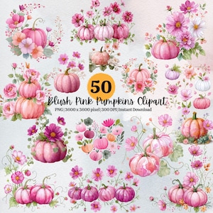 50 Blush Pink Pumpkin Clipart Watercolor Fall Halloween PNG,  Autumn Floral Sublimation Craft Supplies Thanksgiving, Commercial Use, POD