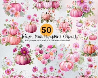 50 Blush Pink Pumpkin Clipart Watercolor Fall Halloween PNG,  Autumn Floral Sublimation Craft Supplies Thanksgiving, Commercial Use, POD