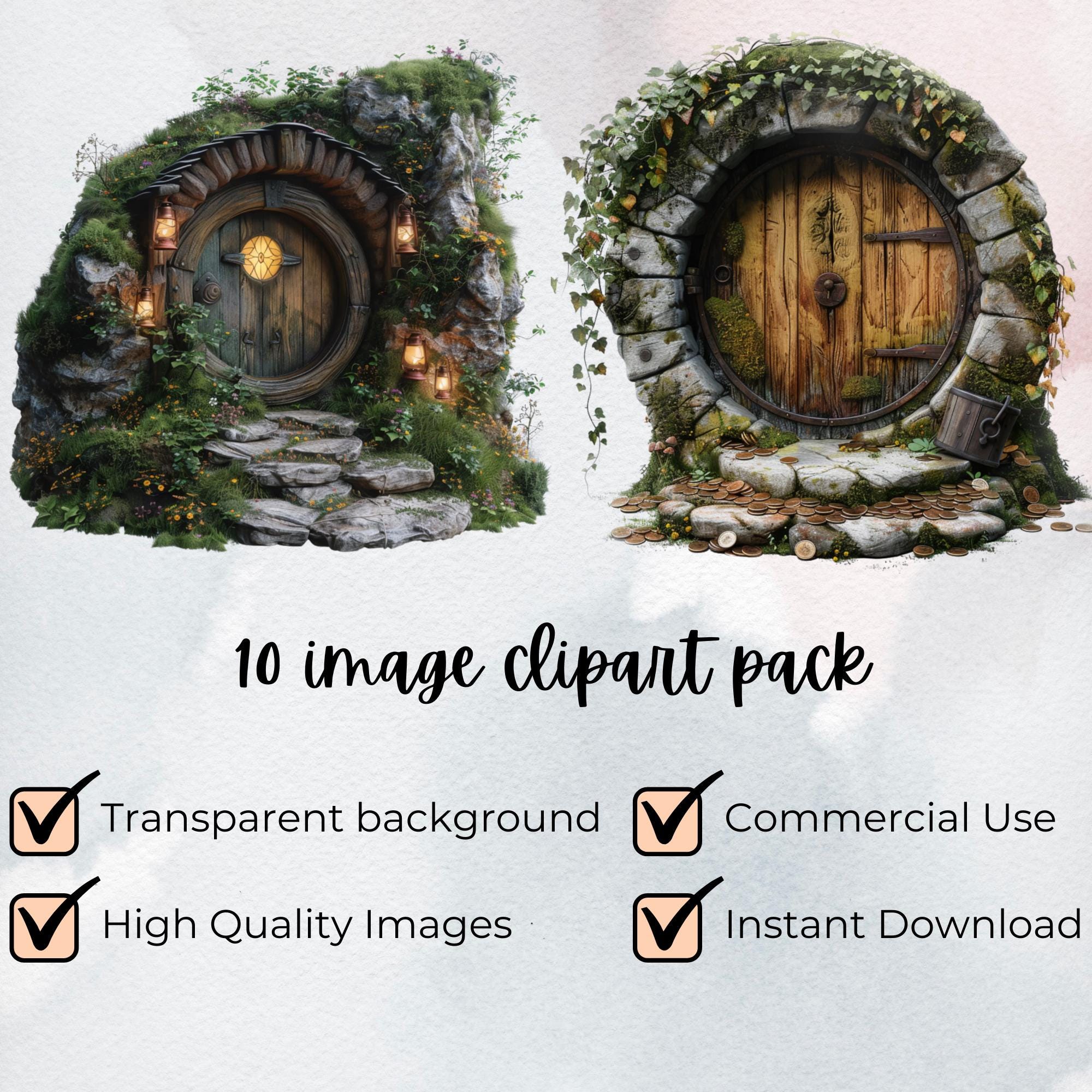 Whimsical Fantasy Door Clipart Set PNG | Magical Hobbit Style Mossy ...