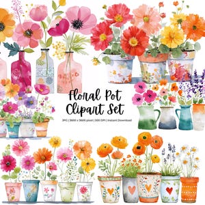 Floral Pot Clipart Set | Watercolor Flower Pots | Glossy Cottagecore Illustration | Garden Flowers Clip Art | Commercial Use PNG