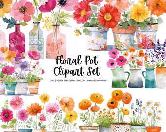 Puede incluir: Un conjunto digital de clipart de ilustraciones de acuarela que representan arreglos florales en macetas de varios colores. Las flores incluyen flores rosas, rojas, amarillas y naranjas. Las macetas están decoradas con corazones, puntos y rayas.