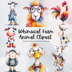 Imágenes prediseñadas de animales de granja caprichosos / Imágenes PNG divertidas de cabra, cerdo, vaca y pato / Conjunto de animales de acuarela / Arte de granja de dibujos animados lindos / Paquete de descarga digital