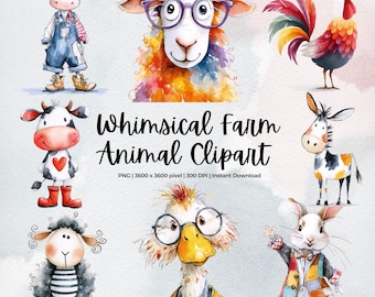 Farm Animals Clipart, Whimsical Animals, Cute Farm Animals, Watercolor Farm, Farm Clipart PNG, Barnyard Clipart, Commercial use