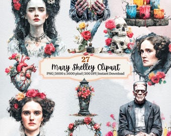 Mary Shelley Clipart-Bundle | Frankenstein Gothic PNG | Dark Academia Bookish Digitale Kunst | Gothic Braut Clip Art | Literarisches Halloween PNG