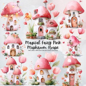 Pink Mushroom House Clipart | Fairy Cottage Forest Home Clipart | Magical Fairy House PNG | Printable Cottagecore Art | Commercial Use