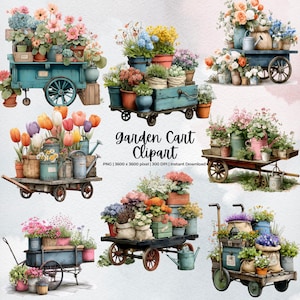 Whimsical Garden Cart Clipart | Floral Wheelbarrow PNG | Watercolor Flower Market Art | Spring Cottagecore Graphics | Commercial Use