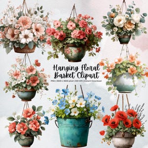 Peut inclure: Une collection de cliparts de paniers de fleurs suspendus à l'aquarelle. Les paniers sont remplis de diverses fleurs dans les tons de rose, rouge, orange, blanc et bleu. Le texte "Hanging Floral Basket Clipart" est affiché.