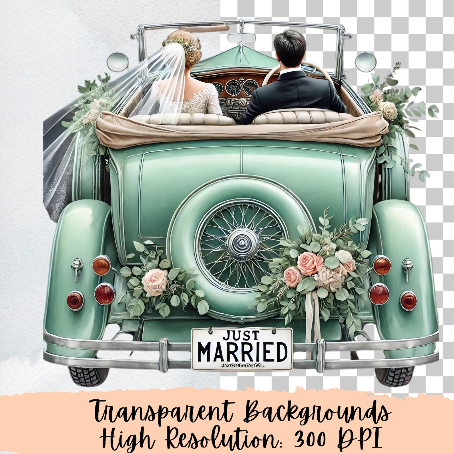 Just Married Car Clipart, Bride and Groom, Wedding Day, Floral Car PNG ...