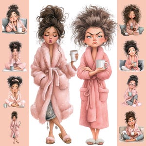 Chica con una mañana acogedora, bata rosa con café PNG, cabello despeinado, descarga digital, chica en acuarela, pegatinas para agenda