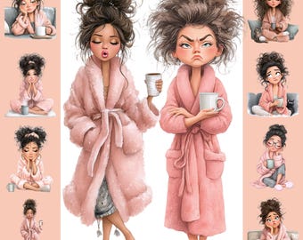 Mysig morgonflicka Clipart, rosa morgonrockkaffe PNG, stämningsclipart med rufsigt hår, digital nedladdning, akvarellflicka, planeringsklistermärkeskonst