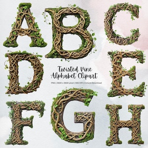 Clipart di lettere di vite / Alfabeto A-Z e 0-9 PNG / Carattere botanico intrecciato / Lettere fantasy del bosco / Download digitale / Carattere verde