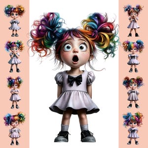 Rainbow Hair Girl Clipart | Cute Cartoon Expressions | Watercolor Style | Digital PNG Set | High-Res Clipart | Instant Download