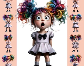 Rainbow Hair Girl Clipart | Cute Cartoon Expressions | Watercolor Style | Digital PNG Set | High-Res Clipart | Instant Download