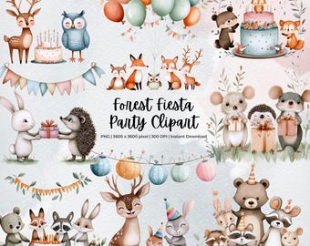 Wald Fiesta Party Clipart | Süßes Waldtier-Party-Set | Aquarell Wald Geburtstag Clipart | Digitaler Download | PNG-Dateien