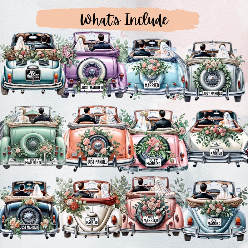 Just Married Car Clipart, Bride and Groom, Wedding Day, Floral Car PNG ...