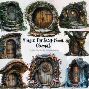 Whimsical Fantasy Door Clipart Set PNG | Magical Hobbit Style Mossy Doors | 3600x3600px | Cottagecore Fairy House Digital Art