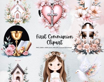 Conjunto de imágenes prediseñadas de Primera Comunión / Gráficos católicos de acuarela pastel / Fondo negro PNG / Niña religiosa en la iglesia / Descarga digital