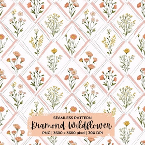 May include: A seamless pattern featuring a variety of wildflowers in shades of pink, yellow, and green. The flowers are arranged in a diamond pattern on a white background with pink and white brushstrokes.