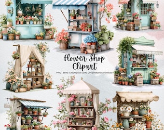 Skurril Blumen Laden Clipart | Garten Marktstand PNG | Aquarell Blumenstand Art | Cottagecore Blumenwagen | Kommerzielle Nutzung | Sammelalbum