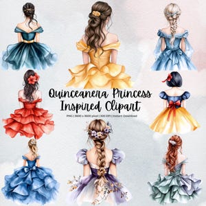 Prinzessin inspiriert Quinceanera Clipart | Rückenansicht Ballkleider | PNG Digitaler Download | Aquarell Prinzessin Kleid Clipart | Sofortdownload