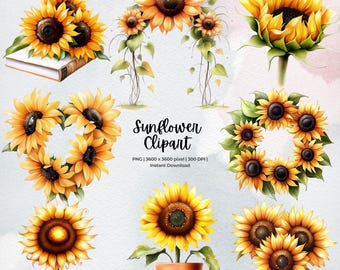 Conjunto de imágenes prediseñadas de girasoles / Imágenes prediseñadas florales de acuarela brillante / Paquete de imágenes prediseñadas de girasoles / Imágenes prediseñadas de flores botánicas / Descarga digital