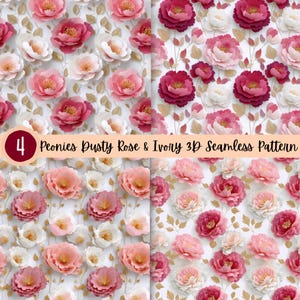 May include: A seamless pattern featuring 3D paper flowers in shades of pink, ivory, and dusty rose. The flowers are arranged in a repeating pattern on a white background with gold accents.