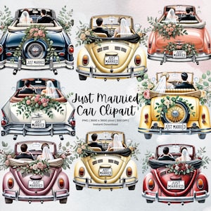 Gerade verheiratet Auto Clipart, Braut und Bräutigam, Hochzeitstag, Blumen Auto PNG, digitaler Download, druckbare Aquarell, Papierhandwerk, Junk Journal