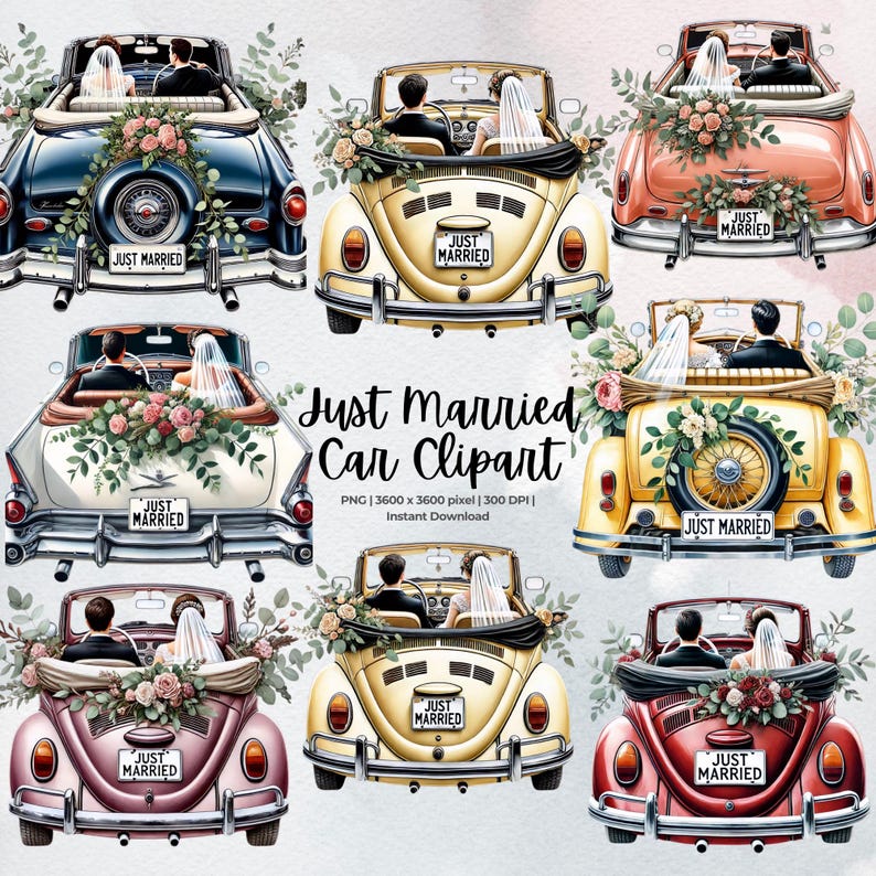 Just Married Car Clipart, Bride and Groom, Wedding Day, Floral Car PNG ...