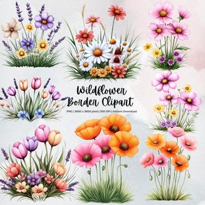 Puede incluir: Un conjunto de imágenes de clipart digital que presentan varios arreglos de flores silvestres. Las imágenes incluyen flores rosas, amarillas y moradas con hojas y tallos verdes. El texto "Wildflower Border Clipart" está incluido en la imagen.