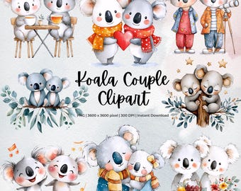 Cute Koala Couples Clipart, Watercolor Animal Love PNG, Commercial Use, Eucalyptus Leaves, Greeting Cards, Digital Art, 300 DPI