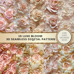 Puede incluir: Diez patrones digitales sin costuras que presentan un diseño 3D de rosas rosas y blancas con acentos dorados. Los patrones miden 30,5 x 30,5 cm y 300 DPI.