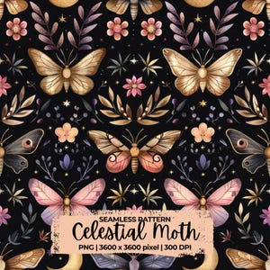 Celestial Moth seamless pattern Unlimited Commercial Use digital print file instant download Sublimation POD witchy floral night magic