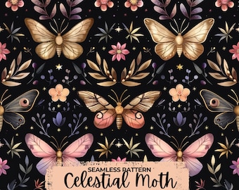 Celestial Moth seamless pattern Unlimited Commercial Use digital print file instant download Sublimation POD witchy floral night magic