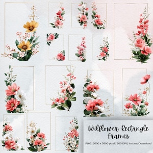 Może przedstawiać: Akwarelowe kwiatowe ramki prostokątne w różnych rozmiarach i układach. Ramki przedstawiają różowe, czerwone, żółte i białe kwiaty z zielonymi liśćmi. Tekst "Wilflower Rectangle Frames" znajduje się na dole.