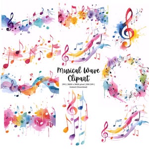 Watercolor Music Notes Background, Digital Download, Musical Clipart Paper, Treble Clef Art, Colorful Melody, Music Decor, JPG Set