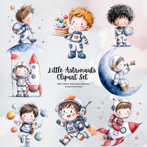 Little Astronauts Clipart Set | Space PNG Graphics for Kids | Cute Watercolor Astronauts | Commercial Use | Galaxy Planets Rockets