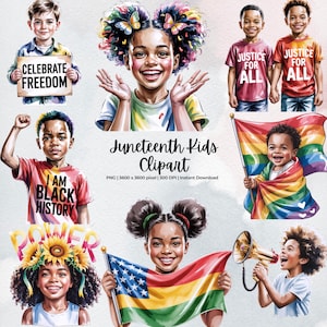 Juneteenth Kids Clipart | Black Children Art | Glossy Watercolor PNG | Black Background | African American Pride Clipart | Instant Download