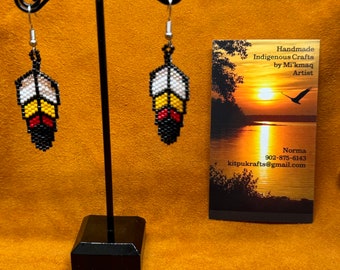Feather Mi’kmaq Seed Bead Dangle Indigenous Handmade Earrings