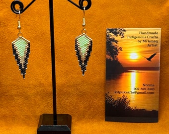 Green and Black Delica Bead Indigenous Handmade Earrings Mi'Kmaq
