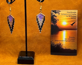 Purple and Black Triangle Delica Bead Indigenous Handmade Earrings Mi'Kmaq