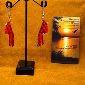 Red Cardinal Bird Delica Bead Indigenous Handmade Earrings Mi'Kmaq