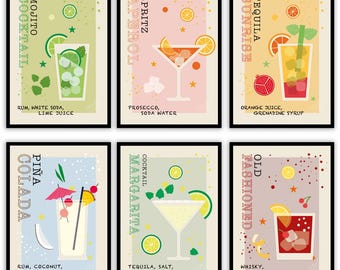Set 6xA4 Poster cocktails, Mojito, Spritz, Tequila Sunrise, Piña Colada, Margarita, Old Fashioned. Collezione Food and Drinks.
