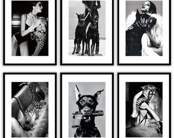 Poster Fashion, set 6xA4, Immagini Glamour, brand di moda, bianco e nero. Decorazioni per pareti casa, soggiorno, camera. Senza cornice.