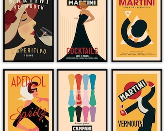 Set 6 Poster Aperitivo italiano Martini Aperol Campari Stampe di alta qualità Stile Vintage Manifesti. Collezione Food and Drinks.